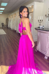 V Neck Pleated Satin Royal Blue Prom Dresses with Bow Back