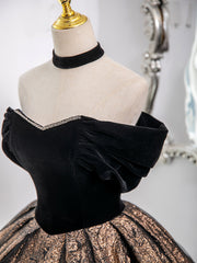 A-Line Off Shoulder Tulle Black Long Prom Dress, Black Long Formal Dress