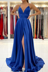 Blue V-Neck Satin Long Prom Dresses, Simple A-Line Backless Evening Dresses
