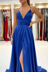 Blue V-Neck Satin Long Prom Dresses, Simple A-Line Backless Evening Dresses