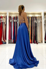 Blue V-Neck Satin Long Prom Dresses, Simple A-Line Backless Evening Dresses