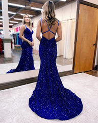 Mermaid V Neck Court Train Sequined Prom Dress Sparkly Sexy