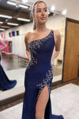 Mermaid One Shoulder Dark Navy Long Prom Dresses