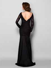 Mother of the Bride Dress Beautiful Back Lace Jersey Long Sleeve with Lace Ruched Beading