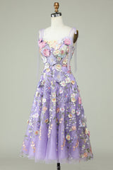 Purple A-Line Corset Purple Knee-Length Prom Dress With 3D Flowers