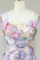 Purple A-Line Corset Purple Knee-Length Prom Dress With 3D Flowers