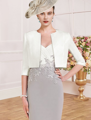 Two Piece Mother of the Bride Dress Wedding Guest Elegant V Neck Knee Length Stretch Fabric Half Sleeve with Appliques