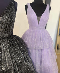 Ball Gown V Neck Tulle Tiered Prom Dresses With Slit Floor Length Sparkly