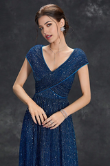A-Line V-Neck Sparkly Long Formal Dress