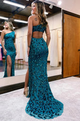 Wholesale Sparkly Peacock Blue Sequins Mermaid One Shoulder Long Prom Dress with Slit