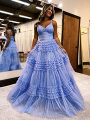 Unique V Neck Tulle Sequin Black Long Prom Dress, Tulle Long Evening Dress