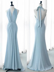 Mermaid Elegant V Neckline Blue Backless Pearls Long formal dresses Bridesmaid Dresses evening gown Prom Dress