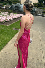 Mermaid Fuchsia Sequins Long V Neck Party Prom Dresses