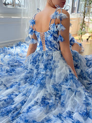 A-Line Printed Chiffon Blue Long Prom Dress, Blue Long Formal Dress