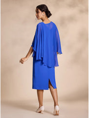 Aimishang Elegant Blue Chiffon Causal Round Sleeve 2 Piece Midi Mother of the Bride Dress