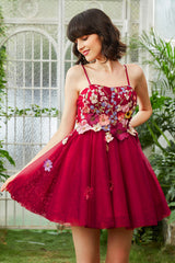 Burgundy A Line Spaghetti Straps Homecoming Dress With 3D Flowers