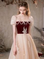 A-Line Tulle Champagne Long Prom Dress with Beads