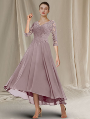 A-Line Mother of the Bride Dress Elegant Sparkle Shine High Low V Neck Asymmetrical Chiffon Lace Half Sleeve with Sequin Ruffles Appliques