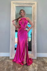 Satin Mermaid Halter Keyhole Fuchsia Long Prom Dresses