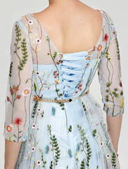 A-Line Empire Dress Party Wear Floor Length Sleeve Illusion Neck Lace with Embroidery