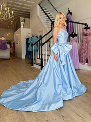 Cute A Line Strapless Light Blue Taffeta Slit Prom Dresses