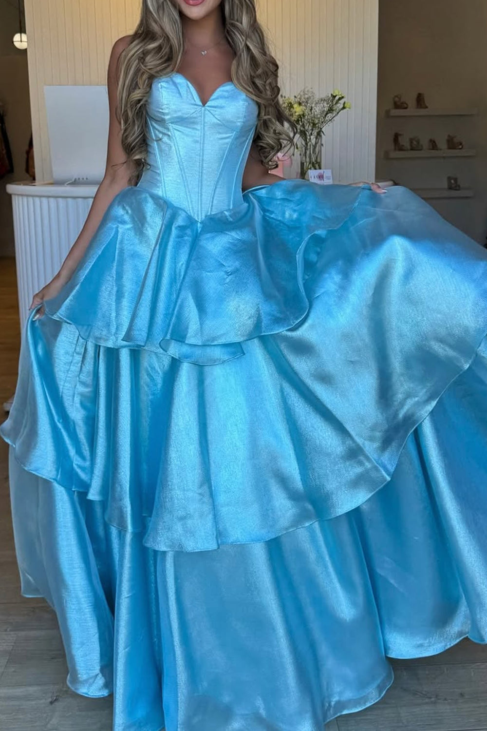A-Line Strapless Light Blue Ruffle Tiered Long Prom Dresses