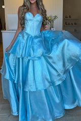 A-Line Strapless Light Blue Ruffle Tiered Long Prom Dresses