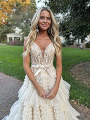 Champagne V Neck Tulle Lace Long Prom Dress, Champagne Formal Dress