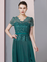 A-Line Mother of the Bride Dress Formal Party Sparkle Shine Elegant V Neck Floor Length Chiffon Sequined Short Sleeve with Pleats Sequin