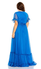 A-line short sleeved high waist and floor length Prom dress