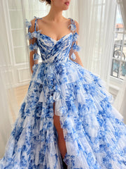 A-Line Printed Chiffon Blue Long Prom Dress, Blue Long Formal Dress