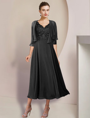 Two Piece A-Line Mother of the Bride Dress Formal Wedding Guest Elegant V Neck Chiffon Lace Sleeve Wrap Included with Appliques