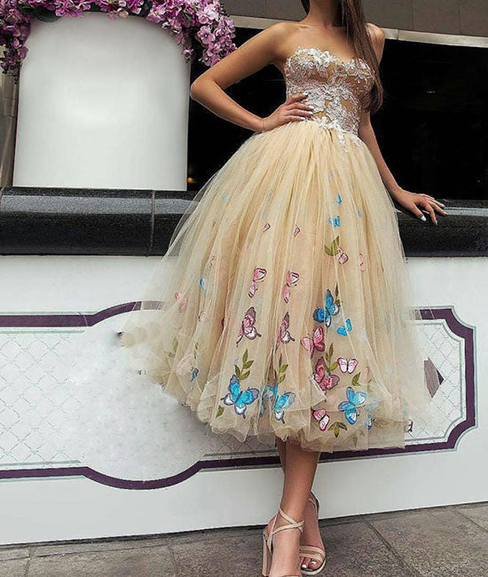 Champagne tulle tea length prom dress, tulle homecoming dress
