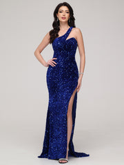 Sheath/Column One-Shoulder Sequins Sweep Train Velvet Prom Dress With Split