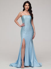 Sheath/Column Strapless Sweep Train Prom Dress With Split