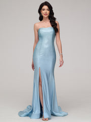 Sheath/Column Strapless Sweep Train Prom Dress With Split