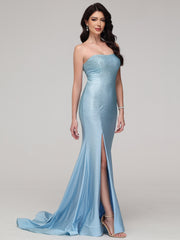 Sheath/Column Strapless Sweep Train Prom Dress With Split