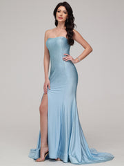 Sheath/Column Strapless Sweep Train Prom Dress With Split