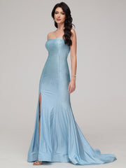 Sheath/Column Strapless Sweep Train Prom Dress With Split
