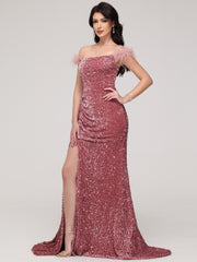 Off The Shoulder Sequins Sweep Train Velvet Prom Dress With Split