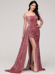 Off The Shoulder Sequins Sweep Train Velvet Prom Dress With Split