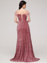 Off The Shoulder Sequins Sweep Train Velvet Prom Dress With Split