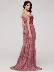 Off The Shoulder Sequins Sweep Train Velvet Prom Dress With Split