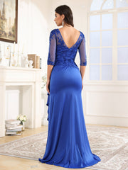 3/4 Length Sleeves Sequins Long Satin Prom Dress