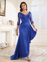 3/4 Length Sleeves Sequins Long Satin Prom Dress