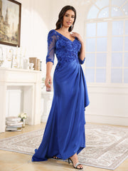 3/4 Length Sleeves Sequins Long Satin Prom Dress