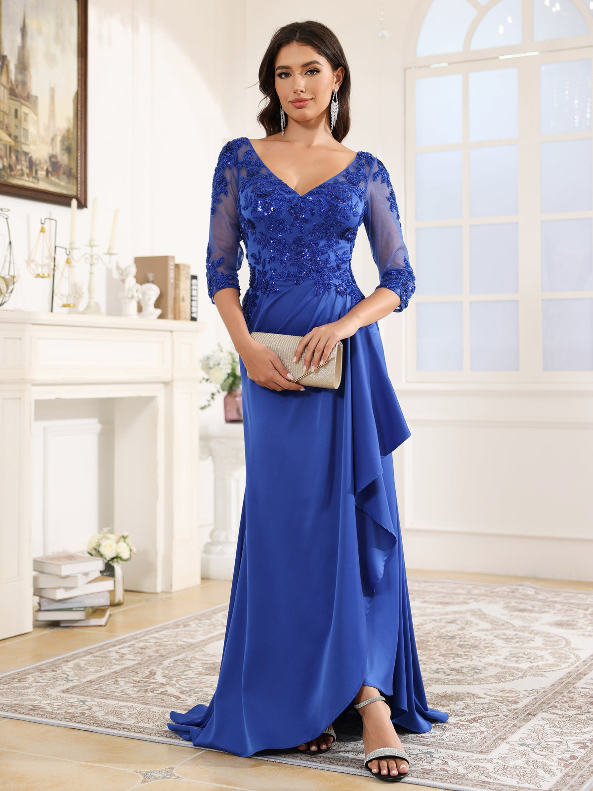 3/4 Length Sleeves Sequins Long Satin Prom Dress