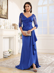 3/4 Length Sleeves Sequins Long Satin Prom Dress