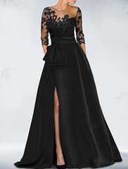 Aimishang A-Line Elegant Wedding Guest Dress Court Train Jewel Neck 3/4 Sleeve Evening Dress with Beading Slit Appliques Fall Wedding Guest Dress November