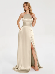 Thin shoulder strap soft satin and floor length bridesmaid dress